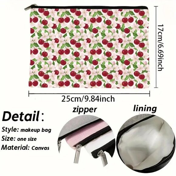 Cosmetic Bag Makeup Cherries Fruit Fun Clutch Pouch Travel Storage Cherry Bomb - Picture 2 of 2
